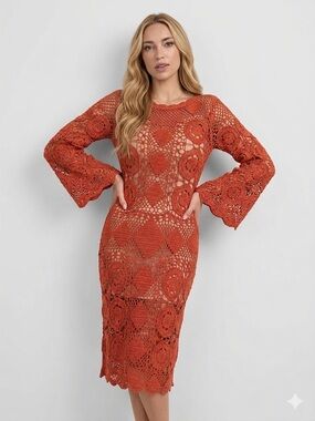 Trina Turk Vintage Inspired Orange Crochet Lace Midi Dress Festival Bell Sleeves